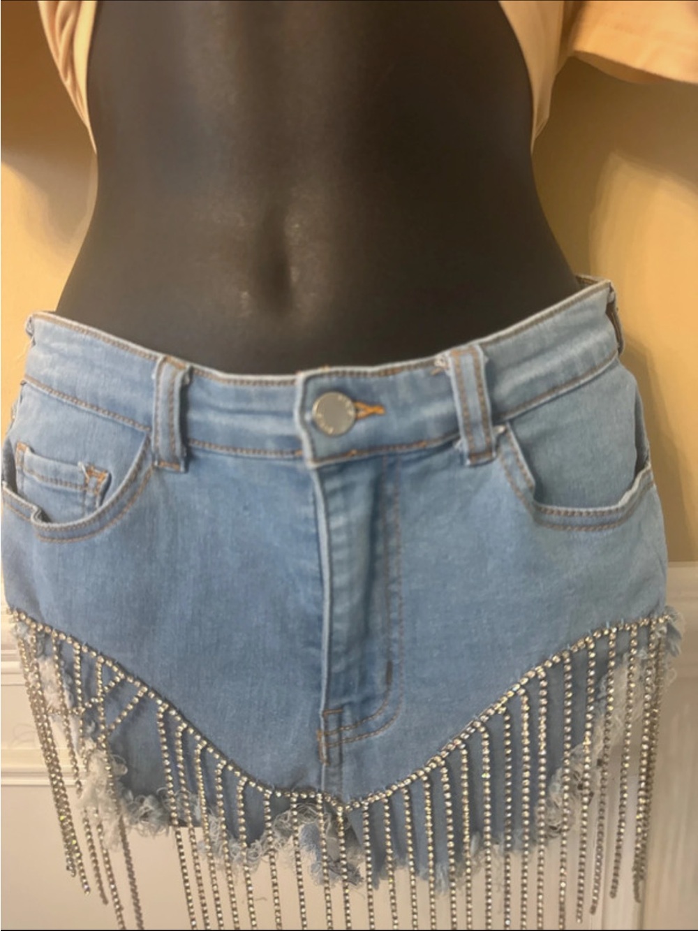 Daisy Light Blue Denim Jean Shorts with Rhinestone Fringe